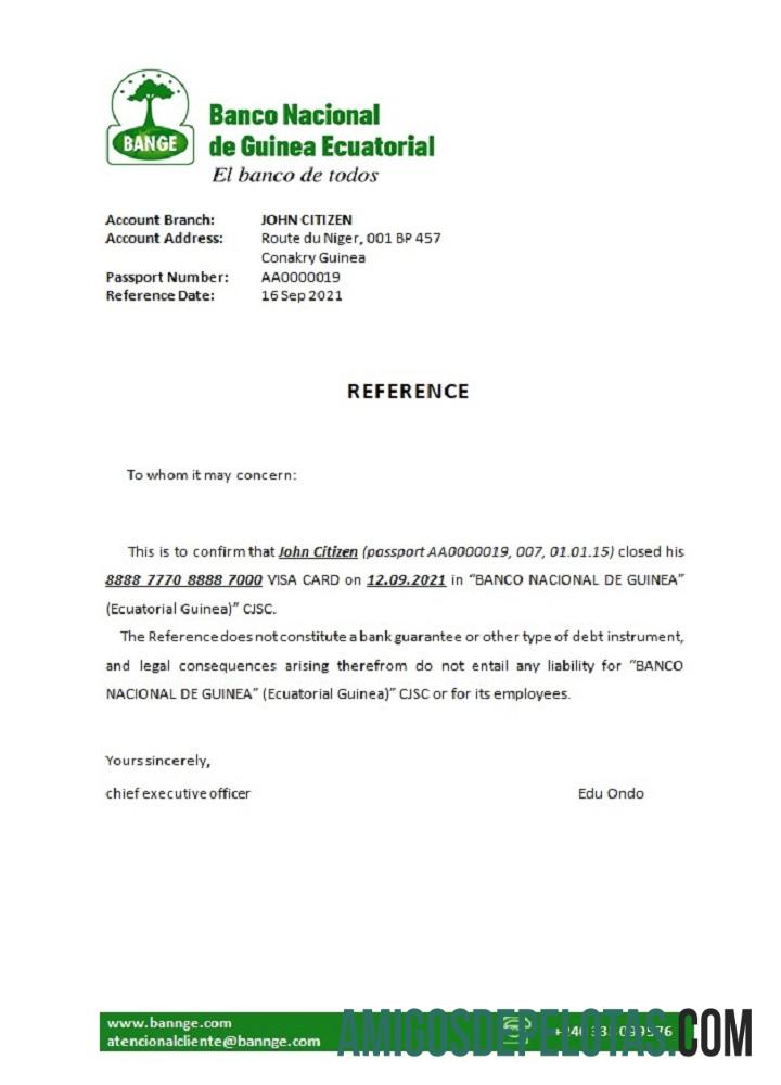 Guiné Equatorial A Referência de Encerramento do Banco Nacional exemplo real